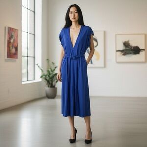 Roland Mouret Blue Plunge Deep V Neck Tie Belt Dress 8 Made in France